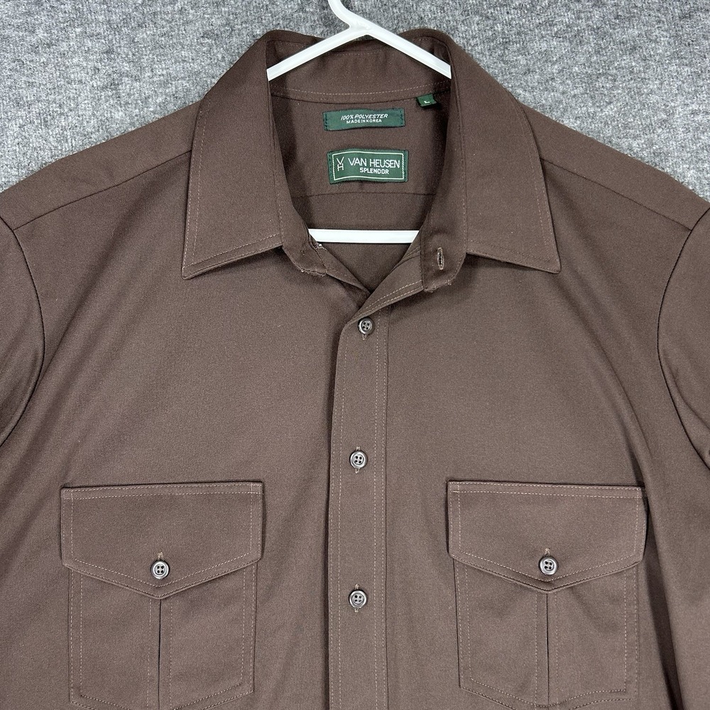 Vintage Van Heusen Splendor Shirt Mens L Brown Short Sleeve 70s 80s Mod Hipster